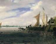 Ruysdael Salomon Jacobsz van - Речной пейзаж с фигурами и повозкой на пристани и парусные лодки