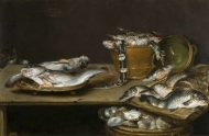 Adriaenssen Alexander (Flemish ) Натюрморт с рыбой устрицами и котом