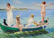 Девушки в зеленой гребной лодке в летний день
