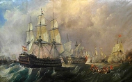 The canvas represents the Spanish ship Pelayo coming in aid of the ship of four bridges Santísima Trinidad during the battle of Cabo de San Vicente