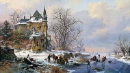 Зимний пейзаж с лошадьми и телегой 