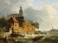 A Rowing Boat in Stormy Seas near a City
