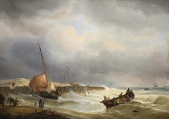 Моряки и лодки в штормовую погоду