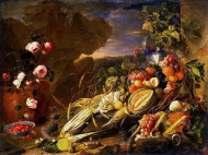 Плоды и ваза с цветами