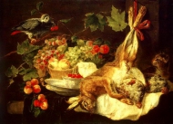 Заяц, фрукты и попугай