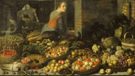 Натюрморт с фруктами, овощами и сценой ужина в Эммаусе