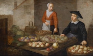 Сцена на рынке с двумя торговками овощами и фруктами 